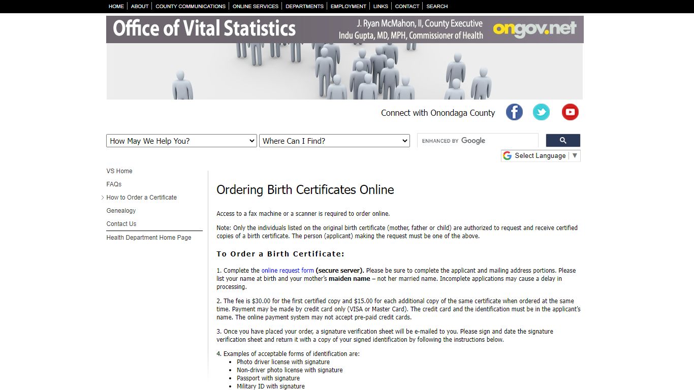 Vital Statistics Birth Certificates Online - Onondaga County, New York